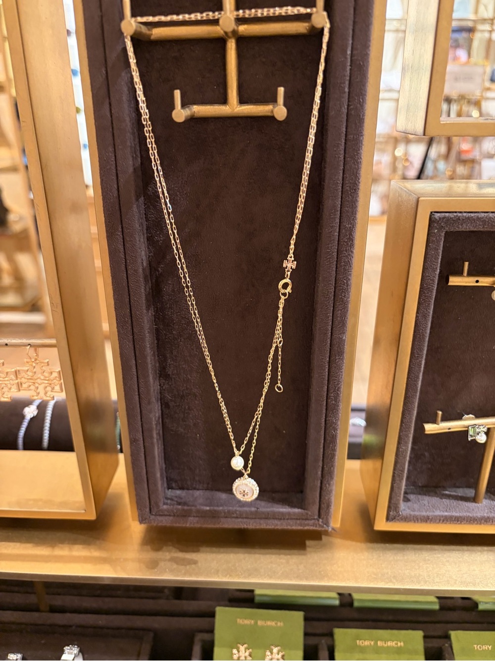 Tory Burch Moondance two layer gold Crystal Logo pearl small Pendant Necklace